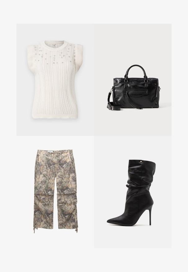 Gebreid mouwloos vest in off-white met verticale ribbels, verfraaid met kleine decoratieve kralen aan de voorkant, ronde halslijn en aangesloten zoom.; Camo-geprinte broek gemaakt van een lichtgewicht stof, met een elastische tailleband, zijzakken en verstelbare trekkoorden bij de enkels.; Even&Odd Wide Fit Enkellaarsjes met hoge hak - black; Zwarte leren handtas met twee korte handvatten en een afneembare schouderriem. Voorzien van een voorvak met rits en metalen accenten. Structuur oppervlak.