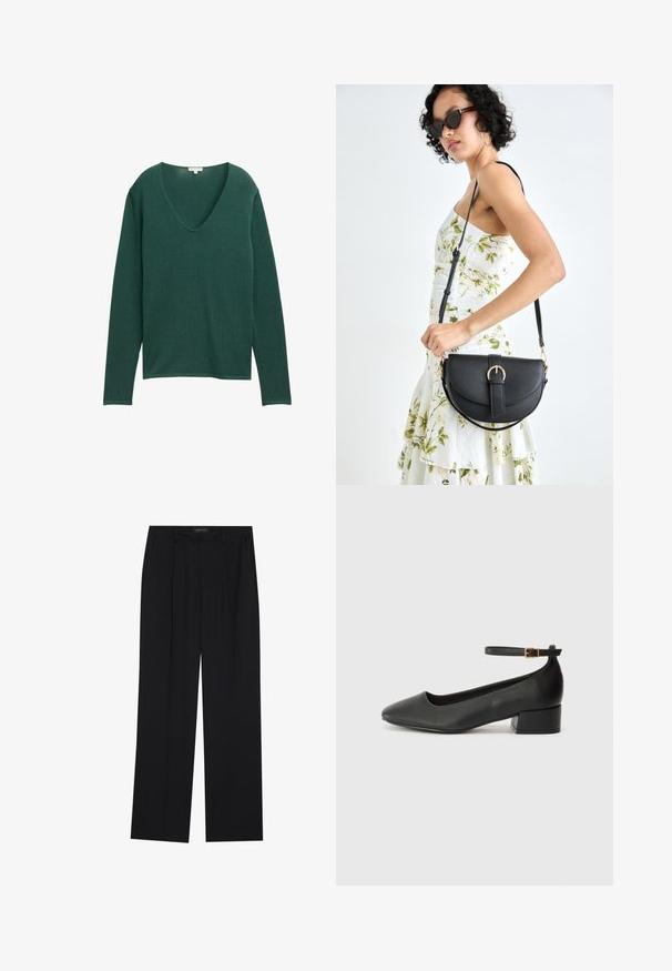 Zeleni pulover dugih rukava s dubokim V-izrezom, izrađen od mekog materijala. Ima opušteni kroj i suptilnu, glatku teksturu.; Crne hlače ravnog kroja, s dva prednja džepa i pojasom. Izrađene od glatkog, laganog materijala.; Crne kožne pumpe s oštrim vrhom i niskom blok petom. Sadrže remen oko gležnja s zlatnim kopčanjem. Glatka tekstura.; Crna kožna torba s lukovitim oblikom, odvojivim remenom i zlatnim detaljima. Torba ima preklop s kopčom.