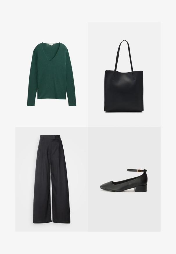 Groene, lange mouwen sweater met een diepe V-hals, gemaakt van een zachte stof. Heeft een relaxte pasvorm en een subtiele, gladde textuur.; Donker, wijde broeken met een gestructureerde tailleband en plooien. Gemaakt van lichte stof, met een gladde textuur en zonder zichtbare patronen.; Zwarte leren pump met een spitse neus en een lage blokhak. Beschikt over een enkelband met een goudkleurige gespsluiting. Gladde textuur.; Zwarte leren handtas met een gladde textuur, rechthoekige vorm en twee lange handvaten. Geen zichtbare hardware of versieringen.