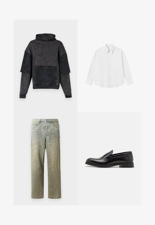 Kapuzenová černá mikina s texturovanými vzory, oversize střih, přední kapsa a kontrastní rukávy. Materiál má jemný lesk.; Bílá košile na knoflíky s klasickým límcem, dlouhými rukávy a zaobleným lemem; na dolní levé straně je malá oranžová značka.; Odstřižené džíny v světle zelené barvě, se rovnými nohavicemi, pěti kapsami a nerovnoměrným vyblednutím s barevnými skvrnami.; Černé kožené polobotky s hladkou texturou, zaoblenou špičkou a zdobným páskem přes nárt. Nízký stohovaný podpatek, minimalistický design.