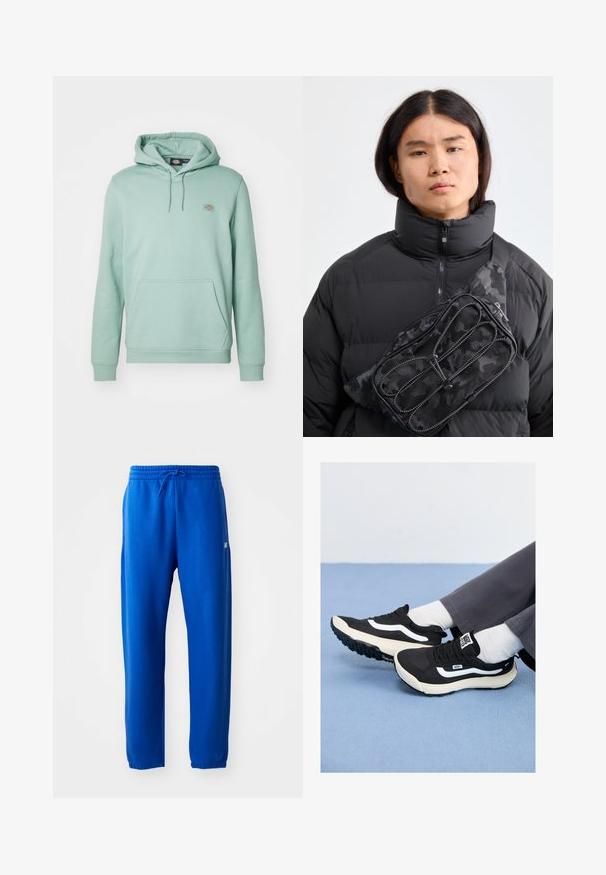 Μέντα πράσινη hoodie φτιαγμένη από απαλό ύφασμα, με καγκουρό τσέπη, ριμπ μανσέτες και ένα μικρό λογότυπο στο αριστερό στήθος.; Μπλέ φόρμες από μαλακό ύφασμα, με ελαστική μέση και κορδόνι, στενές στο κάτω μέρος και με μια μικρή λεπτομέρεια λογότυπου στο πλαινό μέρος.; Μαύρα αθλητικά παπούτσια με άσπρες λεπτομέρειες, από δικτυωτό και καουτσούκ υλικό, με υφασμάτινη σόλα και τακούνι. Φορεμένα με λευκές κάλτσες και γκρίζα παντελόνια.; Μαύρη ναυλον τσάντα μέσης με καμουφλάζ σχέδιο και φερμουάρ, φερόμενη διαγώνια πάνω από μια μαύρη τζάκετ πούφφερ με ψηλό γιακά.