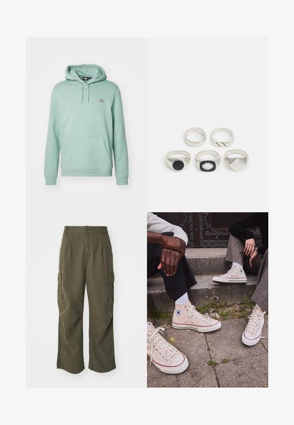 Mentolová mikina vyrobená z měkké tkaniny, s klokankou, vroubkovanými manžetami a malým logem na levé části hrudi.; Olivové cargo kalhoty z bavlny, s širokým střihem, sklady a postranními kapsami pro praktičnost.; Beige plátěné sneakersy vysokého střihu s červeným proužkem, bílou gumovou podrážkou a kovovými očky, s ikonickým hvězdným logem na boku.; Pět stříbrných prstenů: jeden s černým kulatým detailem, jeden s bílým a černým geometrickým vzorem, a další s různými tvary a povrchy.