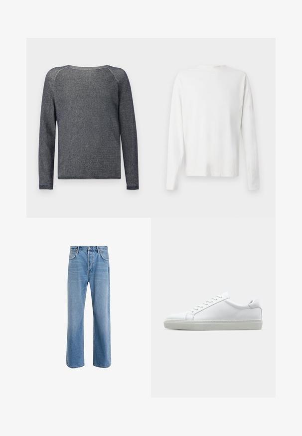 Musta pitkähihainen villapaita, joka on valmistettu teksturoidusta neulekankaasta. Siinä on pyöreä pääntie ja vahvistetut saumat olkapäillä.; Pitkähihaisesta valkoisesta puuvillapaidasta, jossa on pyöreä pääntie, sivuhaalareita alaosassa ja sileä pinta, näkyy takaa.; Vaaleansiniset farkut suoranlahkeisella muotoilulla, viisi taskua, nappisuljenta, vähäinen kuluminen ja kontrastiväriset ompeluyksityiskohdat.; Valkoinen tennari, jossa on sileä nahkapäällinen ja matala profiili. Ominaisuuksiin kuuluu pyöreä kärki, kuusi rei'itystä ja teksturoitu kumipohja.