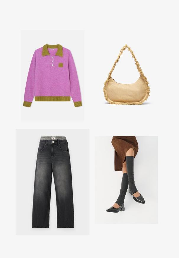 Rosa Wollpullover mit grünem, geripptem Kragen, drei Knöpfen und einer kleinen quadratischen Tasche aus dem gleichen grünen Stoff. Gerippter Saum.; Schwarze Jeans mit weitem Bein aus Denim und einem Hahnentritt-Muster am Bund. Merkmale sind Fronttaschen und ein Knopfverschluß. Mit einem abgenutzten Look.; Schwarze lacklederne spitze Schuhe mit Blockabsatz und Knöchelriemen, kombiniert mit grauen gerippten Beinstulpen und einem braunen Wildlederrock.; Texturierte beige Tasche mit runder Form, ausgefranstem Rand entlang der Kanten und einem kurzen Tragegriff. Mit einem Reißverschluss oben.