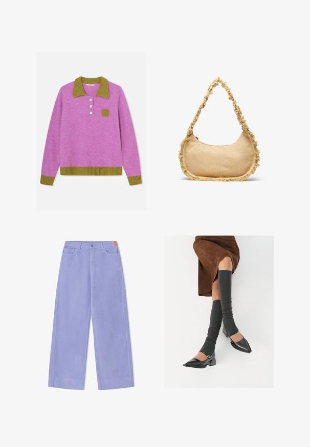 Pull en laine rose avec un col côtelé vert, une patte de boutonnage à trois boutons et une petite poche carrée en tissu vert assorti. Ourlet côtelé.; Pantalon à jambes larges en tissu côtelé violet clair, avec une fermeture à boutons sur le devant, deux poches et un accent orange sur la ceinture.; Chaussures à bout pointu en cuir verni noir avec un talon bloc et une bride à la cheville, accompagnées de jambières en maille grise et d'une jupe en daim marron.; Sac beige texturé de forme arrondie, avec un bord effiloché tout le long des bords et une courte sangle pour le porter. Ouverture zippée en haut.