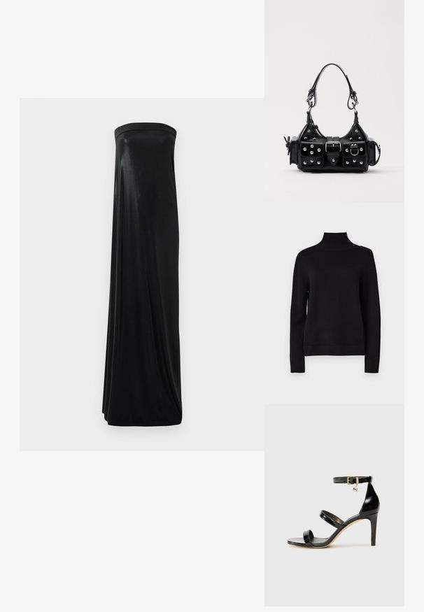 Juodas megztinis su aukštu kaklu, ilgomis rankovėmis, briaunuota tekstūra ir šoniniu mygtuko detalumu ant peties. Paprastas dizainas, be matomų raštų.; Juoda maxi suknelė be petnešėlių, pagaminta iš glotnaus, blizgaus audinio. Suknelė turi prigludusią viršūnę ir laisvą siluetą, siekiantį grindis, be jokių puošmenų.; Juodas patentuotas odinis sandalai su trimis diržais, kulkšnies sagtimi ir 4 colių stiletto kulnu. Yra aukso detalės ir logotipo žavesys.; Juodas odinis rankinukas su kreiviu dizainu, su sidabro spalvos knopkėmis, užsegimu ir dviem šoninėmis kišenėmis. Reguliuojama dirželis nešimui.