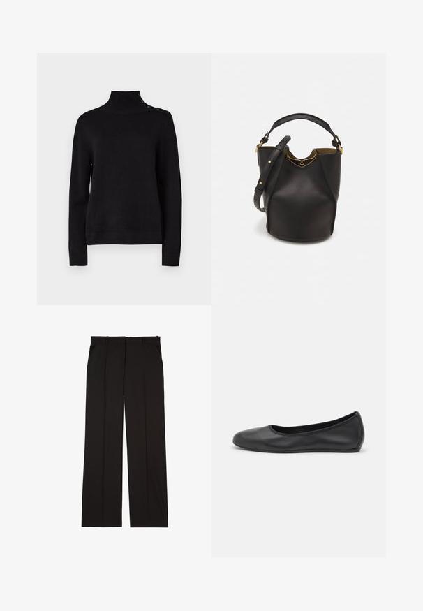 Pulover negru cu guler înalt, cu mâneci lungi, textură canelată și detaliu cu nasturi pe umăr. Design simplu, fără modele vizibile.; Pantaloni negri, croiți, confecționați dintr-un material neted, cu un design drept și două buzunare laterale. Construcție elegantă și minimalistă.; Balerini din piele neagră, cu vârf rotund, textură netedă, detalii de cusătură minimale și un design al tălpii flexibil.; Geantă din piele neagră în stil bucket, cu un finisaj texturat, accente din metal auriu și un compartiment deschis. Dispune de o mânere scurtă și un curea de umăr ajustabilă.
