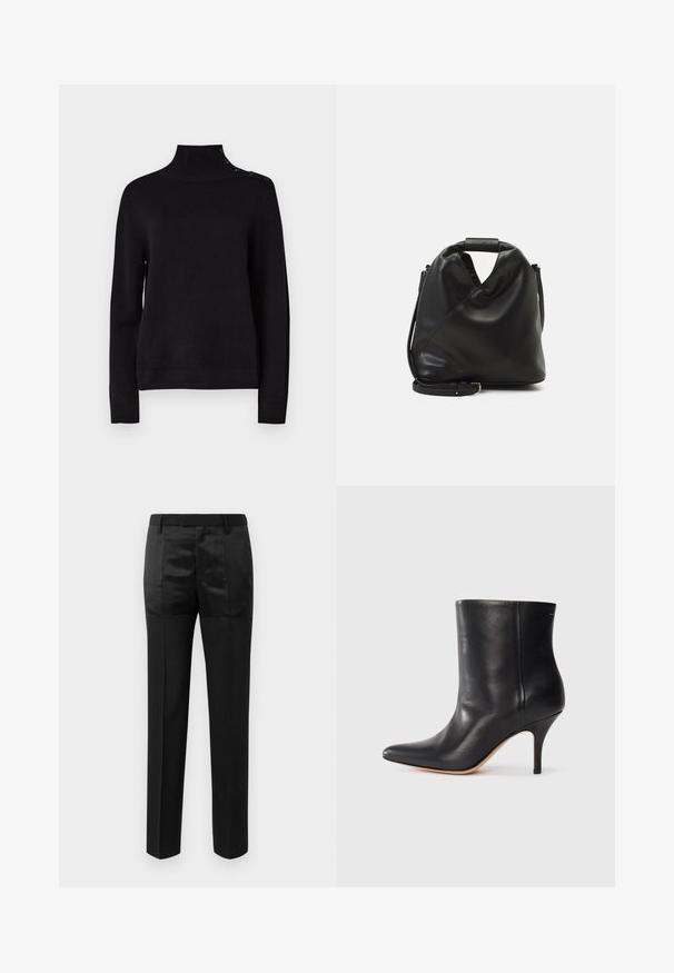Zwarte coltrui met lange mouwen, geribbeld textuur en knoopdetails aan de schouder. Eenvoudig ontwerp, geen zichtbare patronen.; Zwarte op maat gemaakte broek met rechte pijpen en een tailleband met riemlussen, voorzien van een mix van matte en glanzende stofpanelen.; Zwarte leren enkelboot met puntige neus, slanke stilettohak en een gladde textuur. Minimalistisch ontwerp zonder zichtbare hardware of accenten.; Zwarte, zachte leren tas met een unieke gedraaide vorm. Voorzien van een korte handgreep en een afneembare schouderriem. Minimalistische stijl.