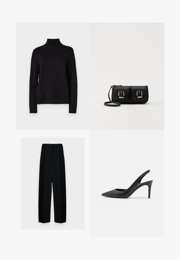 Juodas megztinis su aukštu kaklu, ilgomis rankovėmis, briaunuota tekstūra ir šoniniu mygtuko detalumu ant peties. Paprastas dizainas, be matomų raštų.; Juodos plačios kelnės su aukštu liemeniu, su klostėmis ir glotnia tekstūra. Medžiaga atrodo lengva ir dailiai krenta.; Juodos odinės šlepetės su aukštu kulnu ir ilgu smailiu nosiu, turinčios išpjovą priekyje ir ploną stiletą.; Juodas odinis per petį nešiojamas krepšys su dviem priekiniais kišenėmis, auksiniais sagtimis, užtrauktuko uždarymu ir siauromis petnešomis. Textūruota paviršius ir kompaktiškas stačiakampis formatas.
