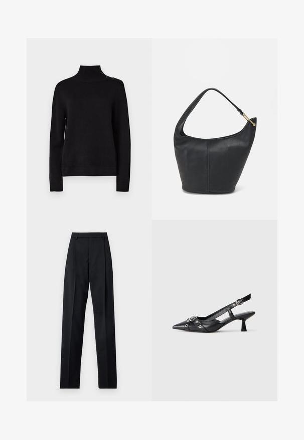 Czarny sweter typu golf z długimi rękawami, prążkowana faktura i detal z guzikami po boku na ramieniu. Prosty design, bez widocznych wzorów.; Czarne spodnie wykonane z gładkiego materiału, z wysokim stanem, szerokimi nogawkami, fałdami z przodu i klasycznymi szlufkami na pasek. Brak widocznych kieszeni bocznych.; Czarne skórzane buty typu slingback z ostrym noskiem, ozdobnymi paskami z metalowymi oczkami oraz niskim klinowym obcasem. Teksturowana powierzchnia.; Czarna skórzana torebka o okrągłym kształcie, z szerokim paskiem i teksturowanym wykończeniem. Posiada subtelny detal szwu i akcenty w odcieniu złota.