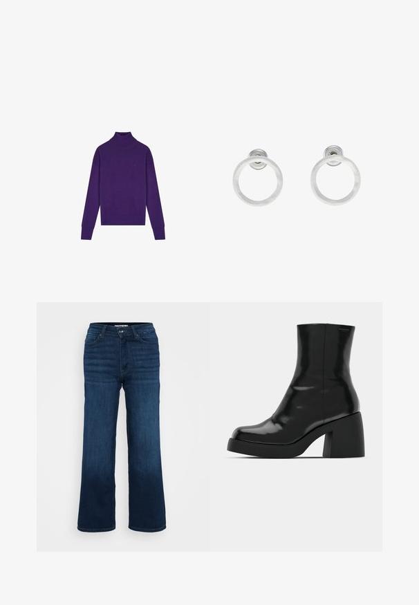 Scalpers TURTLE - Pullover - dark purple; ONLY Petite ONLMADISON BLUSH WIDE - Wide Leg - dark blue denim; Bottines noires à finition brillante, bout carré et épais talon bloc. Le design présente une silhouette homogène et un branding minimal.; Boucles d'oreilles en métal argenté avec une texture brossée, présentant un design circulaire et un fermoir transparent pour un port sécurisé.