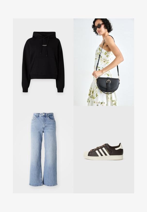 Černá zkrácená mikina vyrobená z bavlněné směsi, se přední kapsou, kapucí se šňůrkou a malým bílým logem na hrudi. Měkká textura.; Světle modré kalhoty s vysokým pasem a širokými nohavicemi, s předními a zadními kapsami, zapínáním na knoflík a jemným zesvětlením na stehnech a lemech.; Nízký teniska Adidas Superstar z tmavě hnědé kůže s krémovou špičkou, bílými pruhy a nápisem "Superstar" na boku.; Černá kožená kabelka s křivkovým tvarem, odnímatelným popruhem a zlatými detaily. Kabelka má klopu s přezkou.