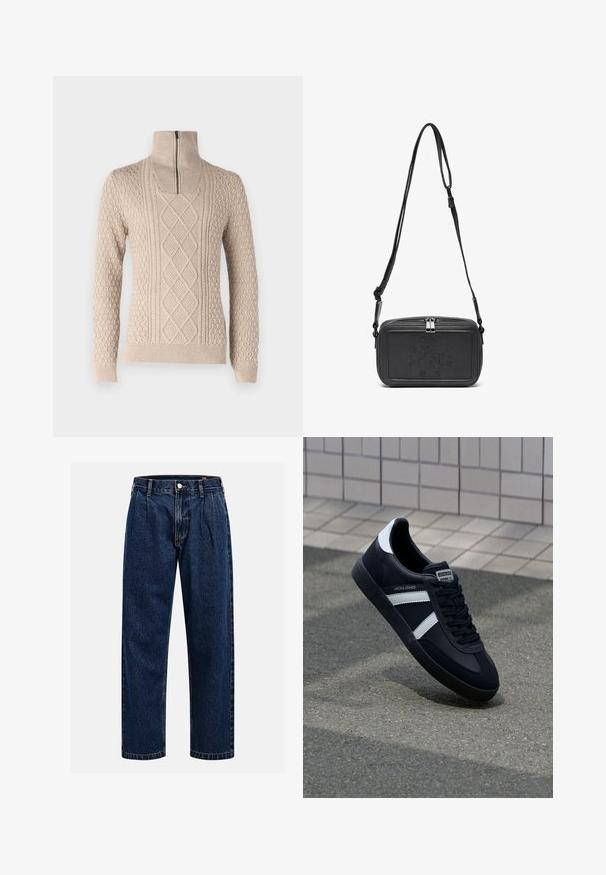 Beige džemperis ar augstu apkakli un rāvējslēdzēju. Iekļauj teksturētas rakstus, tostarp kabeļus un bumbiņas, kā arī ribotus piedurkņu un apakšmalas noblīvējumus.; Tumši zilie džinsu bikses ar taisna kāju dizainu. Iezīmējas redzamas šuves, pogu aizdare un priekšējie gurni papildu detaļām.; Melnā ādas sporta apavi ar baltām svītrām, teksturēta gumijas zole un auklu aizdare. Iekļauj zīmola etiķeti uz mēles.; Melna ādas soma uz pleca ar zīmolu, slēdzamu rāvējslēdzēju un regulējamu siksnu. Gluda tekstūra un taisnstūru forma.