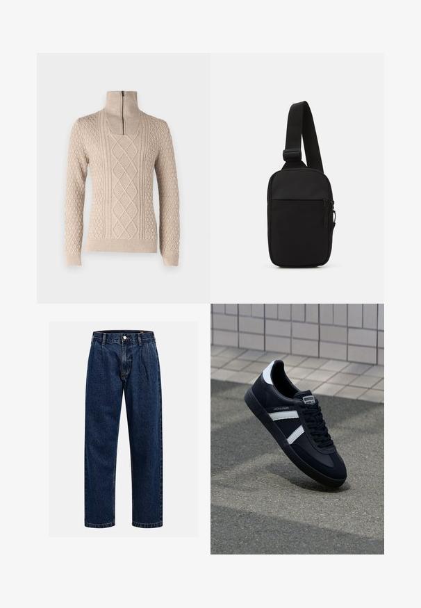 Bežasti pulover s visokim ovratnikom i zatvaračem. Ima teksturirane uzorke, uključujući pletenice i kuglice, te rebraste rukave i donji rub.; Tamno plave traperice s ravnim krojem. Imaju vidljivo šivanje, kopčanje na dugme i prednje nabore za dodatne detalje.; Crne kožne tenisice s bijelim prugama, strukturirana gumena potplate i vezanjem sprijeda. Ima oznaku brenda na jeziku.; Crna torba preko tijela napravljena od izdržljive tkanine, s jednim podesivim remenom, glavnim odjeljkom na patentni zatvarač i prednjim džepom.