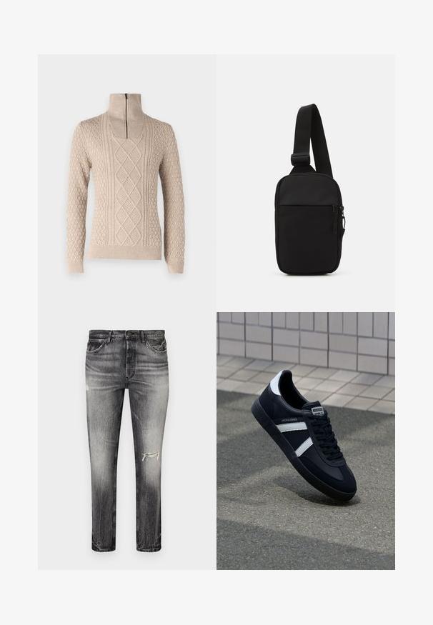 Beige sweater with a high collar and a zipper. Features textured patterns, including cables and bobbles, and ribbed cuffs and hem.; Faded black denim jeans with a straight cut, featuring distressed areas, front pockets, and a classic button closure.; Black leather sneaker with white stripes, textured rubber sole, and lace-up front. Features a branded label on the tongue.; Black crossbody bag made of durable fabric, featuring a single adjustable strap, a zippered main compartment, and a front pocket.