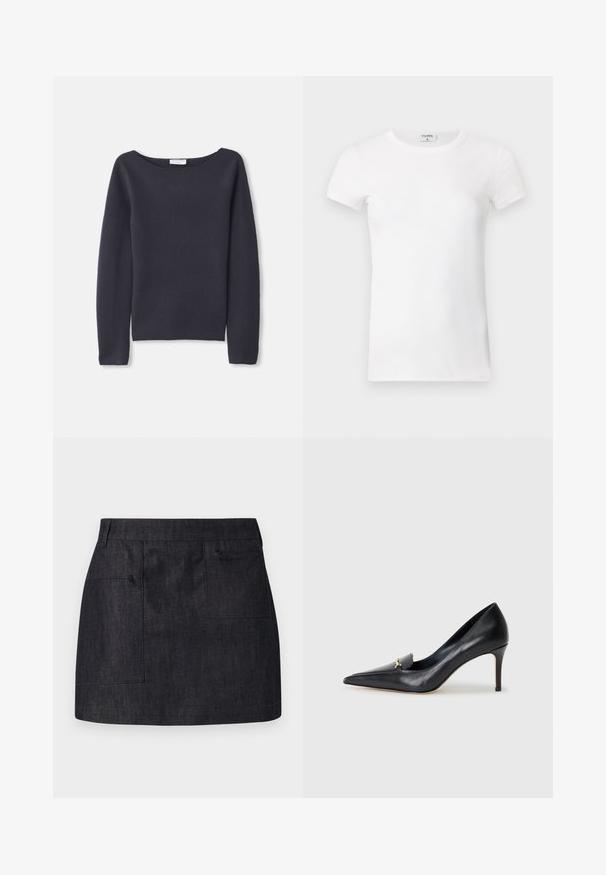 Marineblauwe sweater met lange mouwen, brede hals, zachte textuur en een casual pasvorm. Heeft minimale stiksels en geen zichtbare sluitingen.; Wit geribd T-shirt met korte mouwen en een ronde hals. De stof lijkt glad met een getailleerde pasvorm. Logo zichtbaar op de kraag.; Zwarte leren shirt met een doorstart knoopsluiting, puntige kraag en twee borstzakken. Heeft een losse pasvorm en een gladde textuur.; Donkerdenim rok met een rechte snit, voorzien van twee voorkwasten en een subtiele textuur. Schoon zoom en een standaard taillebandontwerp.; Zwarte leren pump met een spitse neus, lage vamp en een decoratieve gouden accent. Voorzien van een stilettohak en een gladde textuur.