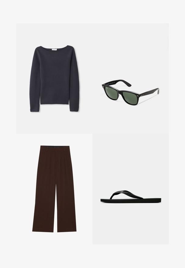 Pull en maille bleu marine à manches longues avec un col large, une texture douce et une coupe décontractée. Présente des coutures minimales et aucun fermoir visible.; Haut noir à manches longues en tissu doux, avec un col rond et une coupe décontractée, doté de fentes sur les côtés à l'ourlet pour faciliter les mouvements.; Pantalons amples marron avec des plis. Fabriqués en tissu lisse, avec une taille cintrée et des poches latérales. Ourlet plat en bas.; Tong sandale en caoutchouc noir avec une bride en T texturée et une semelle plate simple, montrée de côté sur un fond clair.; Lunettes de soleil en plastique noir avec verres verts, monture carrée, accent argenté sur le sourcil et branches texturées. Marque indiquée sur l'intérieur de la branche.