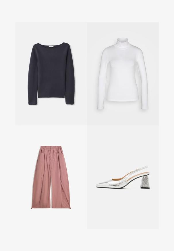 Marineblå langærmet sweater med bred halsudskæring, blød tekstur og afslappet pasform. Har minimal syning og ingen synlige lukninger.; Hvid langærmet mærket skjorte lavet af et glat, strækbart stof. Har en tætsiddende pasform og en høj krave. Ingen synlige mønstre eller detaljer.; Løs pasform, højtsiddende bukser i blød rosa stof. Har elastisk talje, to sidelommer og en glat, struktureret overflade.; Sølv slingback stiletto med spids tå, teksturelt metallic finish og en triangulær blokhæle. Indersiden har brune læderdetaljer.