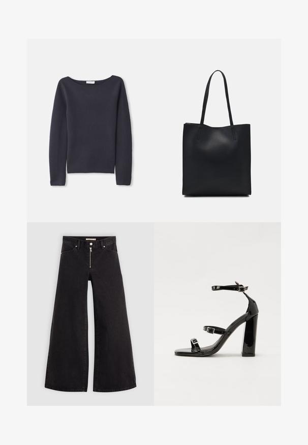 Námořnický svetr s dlouhými rukávy a širokým výstřihem, jemnou texturou a volným střihem. Má minimální švy a žádné viditelné zapínání.; Džíny s širokými nohavicemi v černém denimovém provedení se zipem vpředu, pěti kapsami a jemnými švy. Hladká textura a ležérní styl.; Černé lakované sandály na podpatku se čtveratou špičkou, lýtkovými pásky a stříbrnými přezkami. Disponují masivním blokovým podpatkem pro stabilitu.; Černá kožená taška přes rameno s hladkým povrchem, obdélníkovým tvarem a dvěma dlouhými uchy. Žádné viditelné kování ani ozdoby.