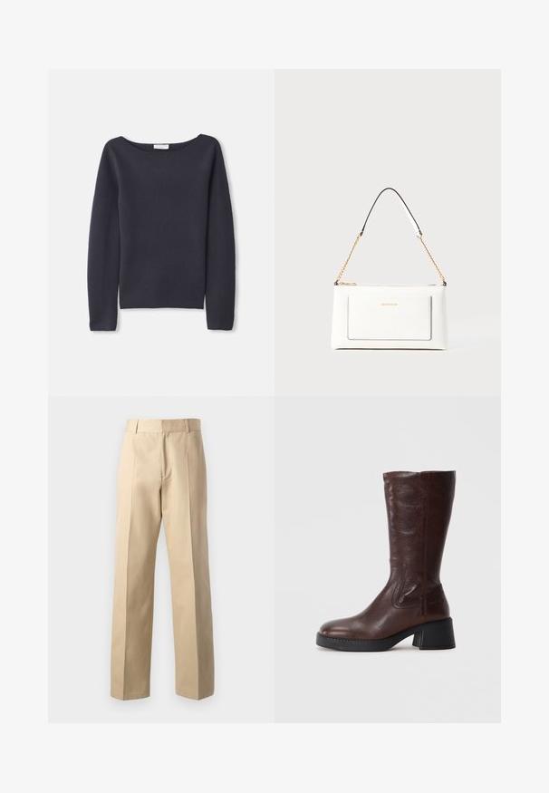 Jūros laivyno spalvos ilgas rankovėmis megztinis su plačiu iškirpimu, minkšta tekstūra ir laisvu kirpimu. Pasižymi minimaliu siuvinėjimu ir nematomais užsegimais.; Šviesiai rudos kelnes su tiesaus kojų kirpimu, turinčiu lygią tekstūrą, centrines priekines klostes ir klasikiniu juosmeniu.; Rudos odinės iki kelio bootai su tekstūruotu paviršiumi, kvadratiniu smailumu ir žemu blokiniu kulnu. Yra šoninės siūlės ir šiek tiek platėjantis viršus.; Balta odinė rankinė su tekstūruotu paviršiumi, turinti auksinį grandinėlės dirželį ir juodas detales. Įskaičiuota priekinė kišenė ir užtrauktuko uždarymas.