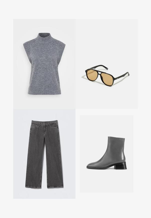 Gray sleeveless turtleneck sweater made from ribbed knit material, featuring a fitted silhouette and a soft texture.; Gray wide-leg denim jeans with a textured finish. Features five-pocket styling and a waistband with belt loops.; Gray leather ankle boot with a rounded toe and a short, stacked black heel. Smooth texture with minimal detailing.; Black sunglasses with brown tinted lenses; rectangular shape with a thick frame, including subtle hardware accents on the temples.; Gray wool scarf with a soft texture, featuring fringed edges and a simple design. Folded neatly, showcasing its elongated shape.