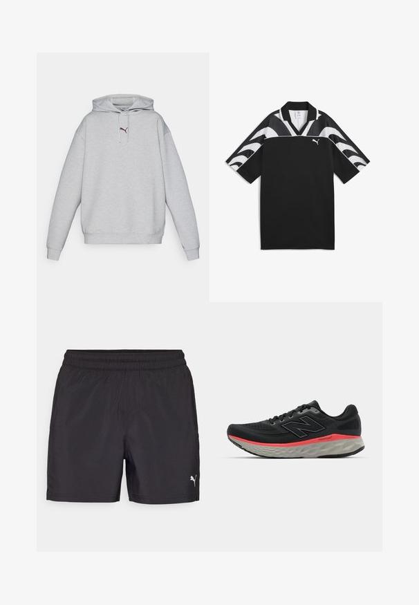 Szürke kapucnis pulóver kenguruzsebbel. Puha pamut keverék anyag, bordás mandzsetták, hímzett logó a mellkason, laza szabás.; Fekete sportmez V nyakú kialakítással, rövid ujjú, a felső részén fehér hullámmintákkal. Az elülső részen egy kis fehér logó található.; Fekete sportnadrág rugalmas derékrészzel, könnyű anyagból készült, a bal oldalon egy kis fehér logóval.; Fekete futócipő, hálós felsőrésszel, rózsaszín középtalppal és szürke talppal. Texturált részletekkel és rugalmas talp kialakítással rendelkezik.