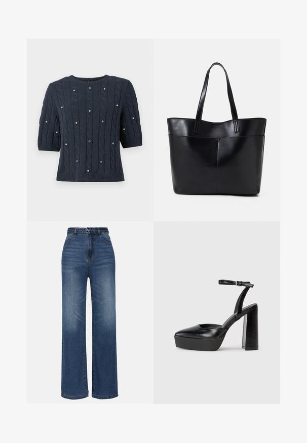 Marineblauwe gebreide trui met korte mouwen, voorzien van kabelpatronen en decoratieve edelsteenaccenten. Ronde halslijn en geribbelde zoom.; Wijdvallende blauwe denim jeans met een hoge taille, voorzien van twee metalen gespaccenten, subtiele vervaging en een standaard vijf-pocketontwerp.; Zwarte plateauhakken met een puntige neus en verstelbare enkelband. Gemaakt van soepel leer, met een robuuste blokhak.; Zwarte leren tote bag met twee lange handvatten, een zachte textuur en een gestructureerde vorm. Voorzien van een voorvak voor extra opslagruimte.