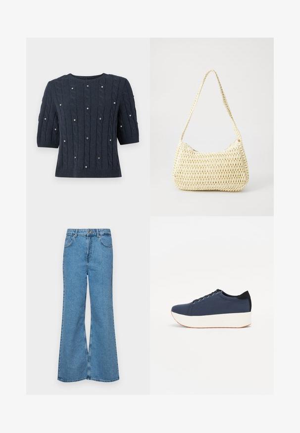 Navy blue knitted sweater with short sleeves, featuring cable patterns and decorative gem accents throughout. Round neckline and ribbed hem.; Light blue flared jeans made of denim, featuring a high waist, five pockets, and a single button closure. Soft texture with faded finish.; Navy blue sneaker with a textured fabric upper, white platform sole, rounded toe, and black heel accent. Features six eyelets for laces.; Woven beige shoulder bag with a curved shape and long, braided strap. Features a textured surface and a zipper closure on the side.