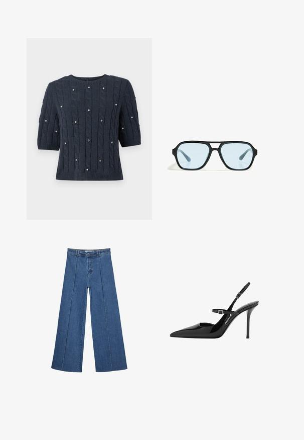 Granatowy sweter dzianinowy z krótkim rękawem, z wzorami warkoczowymi i ozdobnymi akcentami w postaci kamieni w całej konstrukcji. Okrągły dekolt i ściągacz na dole.; Jeans typu wide-leg w średnim niebieskim kolorze, z wysokim stanem, zapięciem na guziki oraz kontrastowymi szwami pionowymi z przodu.; Czarne lakierowane szpilki slingback z ostrym noskiem, regulowanym paskiem i obcasem w kształcie stiletto. Gładka powierzchnia o błyszczącym wykończeniu.; Czarne okulary przeciwsłoneczne o prostokątnych oprawkach, niebieskie soczewki z tintem i charakterystycznym wzorem mostka. Smukłe wykończenie, subtelna tekstura.; Czarna skórzana torebka o zakrzywionym kształcie, z odpinanym paskiem i złotymi akcentami. Torebka posiada klapę z zapięciem w kształcie klamry.