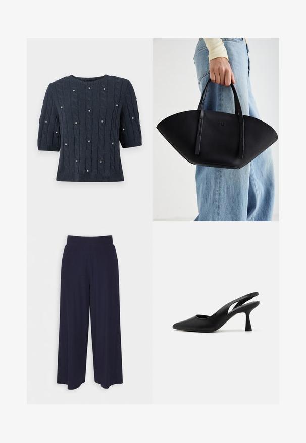 Pull en tricot bleu marine à manches courtes, avec des motifs en câble et des accents en gemmes décoratives. Encolure ronde et ourlet côtelé.; Pantalon large en tissu bleu marine foncé avec une texture côtelée. Il présente une taille lisse et une silhouette fluide, atteignant la longueur mi-mollet.; Talons hauts noirs à bride arrière avec un bout pointu, en cuir lisse. Présente un design à découpes et un talon robuste et effilé.; Sac à main en cuir noir avec une forme de éventail unique, doté de poignées plates. La surface présente une texture granuleuse et un design minimaliste.