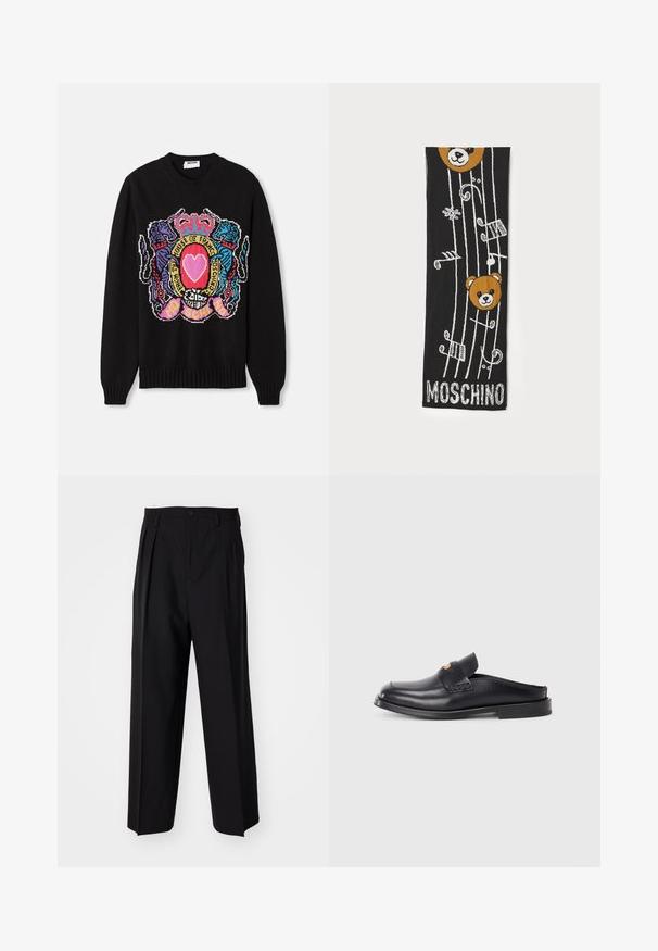 Czarny sweter dzianinowy z kolorowym wzorem graficznym przedstawiającym serce oraz ozdobne detale, w tym fioletowe i niebieskie akcenty lwa.; Czarne plisowane spodnie o prostym, szerokim kroju nogawek. Wykonane z gładkiego materiału, z zapięciem na guzik i pętelkami na pasek.; Czarne skórzane buty wsuwane z okrągłym noskiem, niskim obcasem i plecionym wzorem na cholewce. Charakteryzują się minimalistycznym stylem i gładką fakturą.; Czarny dziany szalik z dwoma głowami brązowych niedźwiedzi, nutami muzycznymi oraz białym napisem „MOSCHINO” na dole. Miękka faktura z detalicznym wzorem.