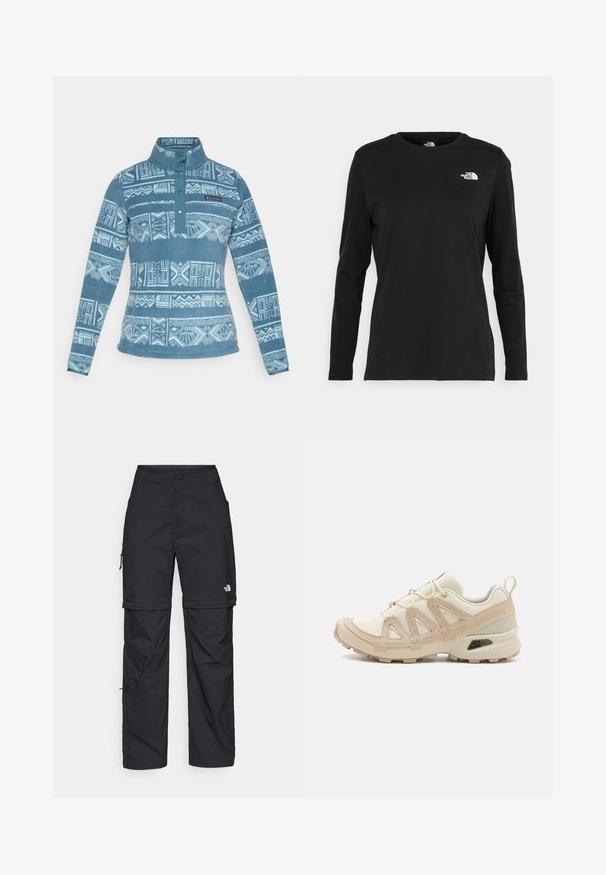 Pullover in fleece blu con motivi geometrici bianchi, chiusura a zip 1/4 e colletto. Presenta una patch con il logo sul lato superiore sinistro.; T-shirt nera a maniche lunghe in cotone con colletto rotondo. Presenta un piccolo logo bianco sul lato sinistro del petto. Design semplice e vestibilità comoda.; Pantaloni cargo in nylon nero con zip rimovibile, polsini regolabili, molteplici tasche e un logo sulla gamba destra. Tessuto liscio e leggero.; Scarpa atletica beige e crema con tomaia in mesh testurizzato, sovrapposizioni supportive e suola in gomma con un motivo a tasselli per la trazione.