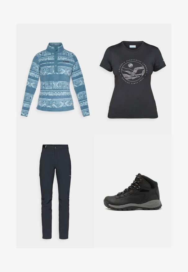 Sudadera de forro polar en azul con patrones geométricos en blanco, cierre de 1/4 de cremallera y cuello. Cuenta con un parche de logo en la parte superior izquierda.; Camiseta negra de Columbia con un arte lineal circular de montaña y río en blanco y el texto "Columbia Sportswear Company Fuera desde 1938."; Pantalones de exterior para hombre, gris oscuro, fabricados con material flexible, con cinturón, bolsillos con cremallera y costuras reforzadas.; Bota de senderismo negra con un diseño de medio caña, que cuenta con una parte superior texturizada, acentos grises y una suela de goma duradera con tacos de tracción.