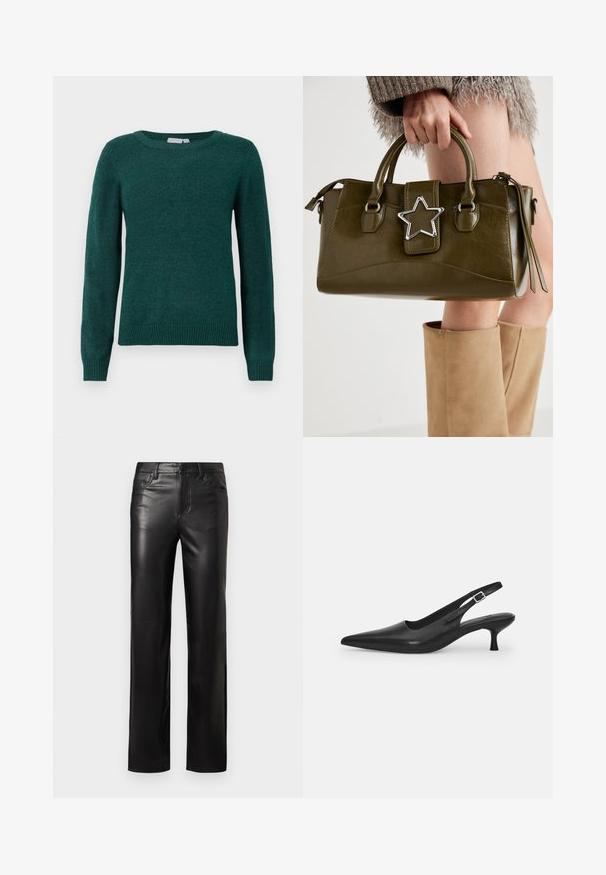 Ciemnozielony sweter wykonany z miękkiej tkaniny, z okrągłym dekoltem i długimi rękawami z żebrowanymi mankietami i dołem.; Czarne skórzane spodnie o prostym kroju, z zapięciem na guzik i przednimi kieszeniami. Gładka faktura z subtelnymi detalami w szwach.; Czarne skórzane buty typu slingback z wydłużonym noskiem i smukłym, zakrzywionym obcasem. Posiadają dyskretny regulowany pasek z metalową klamrą.; Oliwkowa torebka z ekoskóry z srebrnym akcentem w kształcie gwiazdy, podwójnymi uchwytami i zapięciem na zamek. Teksturowana powierzchnia i wyraźnie zarysowany kształt.