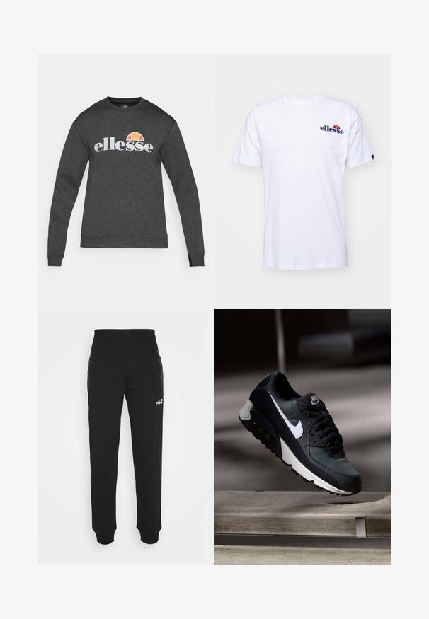 Tmavězelená mikina vyrobená zo zmesi bavlny. Má rebrovaný okraj krku a manžety. Zobrazuje logo "ellesse" v bielej farbe s oranžovým akcentom.; Biela bavlnená tričko s krátkymi rukávmi, na ľavej hrudi s námornícko modrým vyšitým logom a živou farebnou akcentáciou nad logom.; Čierne tepláky vyrobené z jemnej tkaniny majú zúžený strih na nohách, elastický pás, bočné vrecká na zips a malú logo akcentáciu.; Čierne a zelené tenisky s vzorovaným sieťovaným zvrškom, bielym logom Swoosh, polstrovaným golierom a viditeľnou vzduchovou tlmiacou jednotkou v podrážke.