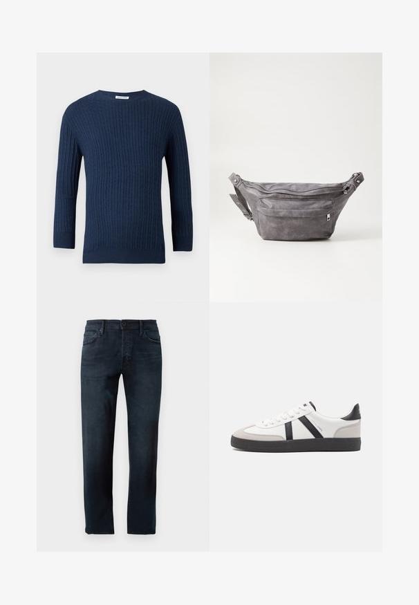 Navy knitted sweater features a textured rib pattern, a crew neckline, and long sleeves. Made from soft fabric with a fitted silhouette.; Dark blue jeans, made of denim fabric, featuring a straight leg design, a front button and zipper closure, and five pockets.; White sneaker with black and gray accents, featuring a textured gray toe cap, black rubber sole, and flat white laces. Clean design, minimalist style.; Gray suede fanny pack with a rounded shape, two zippered compartments, and adjustable strap. Features metal hardware accents.