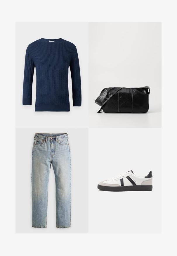 Tumes sinine kudumipusa, millel on tekstuuriline ribikonstruktsioon, ümar kaelus ja pikad varrukad. Valmistatud pehmest kangast, mis on figuuri järgivad.; Heledad hele sinine teksapükste kõrge vöökoht, ees nupuga, lukuga ja viie taskuga disain, asetatud tasasele neutraalsele taustale.; Valged tossud mustade ja hallide aktsentidega, tekstureeritud halli varbakattega, musta kummitald ja lamedad valged paelad. Puhtad jooned, minimalistlik stiil.; Must mustra nahkainine õlakott, millel on tõmblukk, tekstureeritud pind, valged õmblused ja rihm hõbedaste rõngastega.