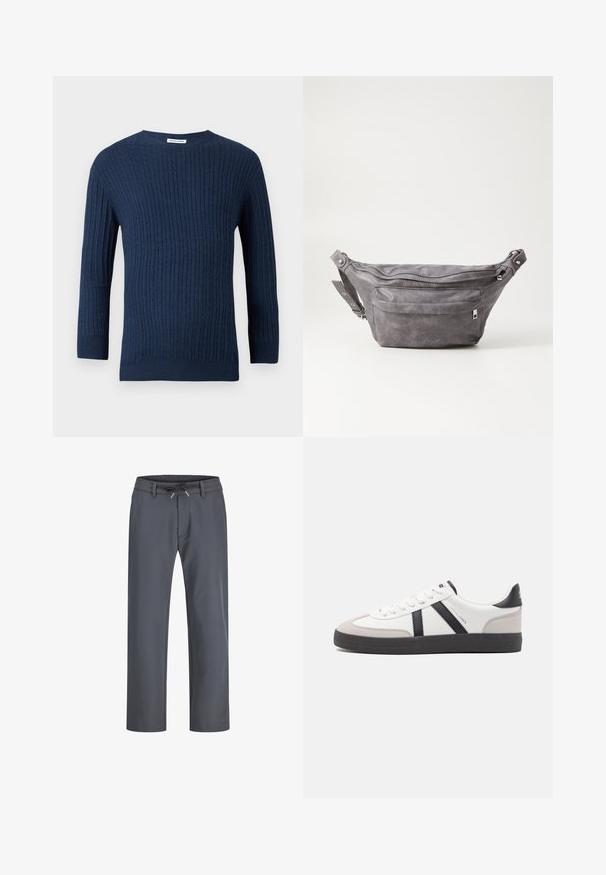 Mornarska pletena majica ima teksturirani ribani uzorak, okrugli izrez i duge rukave. Napravljena je od mekanog materijala s oblikovanim krojem.; Sive, hlače s elastičnim pojasom i vezicom. Imaju ravne nogavice, izrađene su od glatkog materijala, s minimalnim šavovima i bez vidljivih metalnih dijelova.; Bijele tenisice s crnim i sivim detaljima, s teksturiranim sivim zaštitnikom prstiju, crnim gumene potplate i ravnim bijelim vezicama. Čist dizajn, minimalistički stil.; Siva zamšasta torbica preko struka sa zaobljenim oblikom, dva zip zatvorena odjeljka i podesivim remenom. Sadrži metalne naglaske.