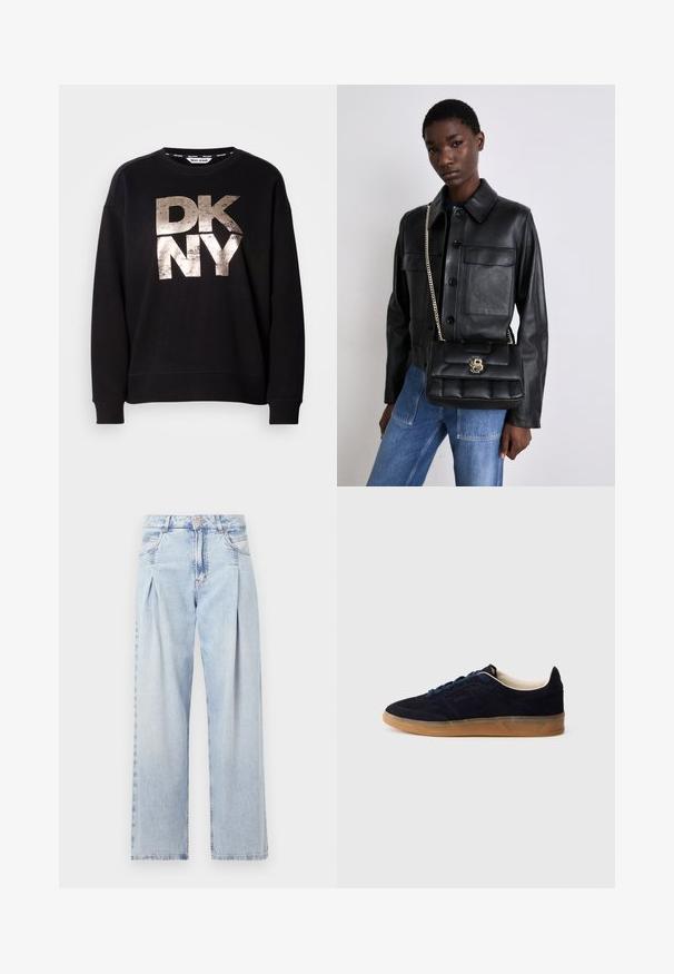 Černá mikina s velkým, opotřebovaným kovově zlatým logem "DKNY". Dlouhé rukávy a žebrované manžety s volným střihem.; Světlé modré džíny z denimu s vysokým pasem, širokým střihem, dvěma bočními kapsami a nařaseným designem. Měkká textura s vybledlým povrchem.; Námořnicky modrá semišová teniska s podrážkou z gumové pryže, modrými tkaničkami a minimalistickým designem. Na boku je vyražené logo a uvnitř je hladká podšívka.; Černá kožená bunda s knoflíkovým zapínáním a dvěma předními kapsami, spárovaná s černou prošívanou kabelkou s zlatým uzávěrem a řetízkovým popruhem.