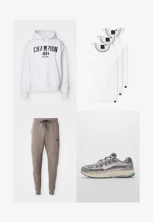 Hanorac gri deschis cu un buzunar frontal, glugă ajustabilă cu șnur și un grafic negru "CHAMPION ATHL. DEPT." pe piept. Textură moale.; Trei maieuri albe ribbate din bumbac. Au un guler rotund și etichete negre mici lângă tiv. Disponibile în mai multe mărimi.; Pantaloni de trening gri Nike cu un braț de strângere la talie, picioare conice, buzunare laterale și detalii de cusătură distincte. Material moale, texturat.; Pantofii sport gri sunt realizați dintr-un amestec de plasă și piele întoarsă, cu accente albe, o talpă bine îmbrăcată și un design distinctiv cu elemente reflectorizante.