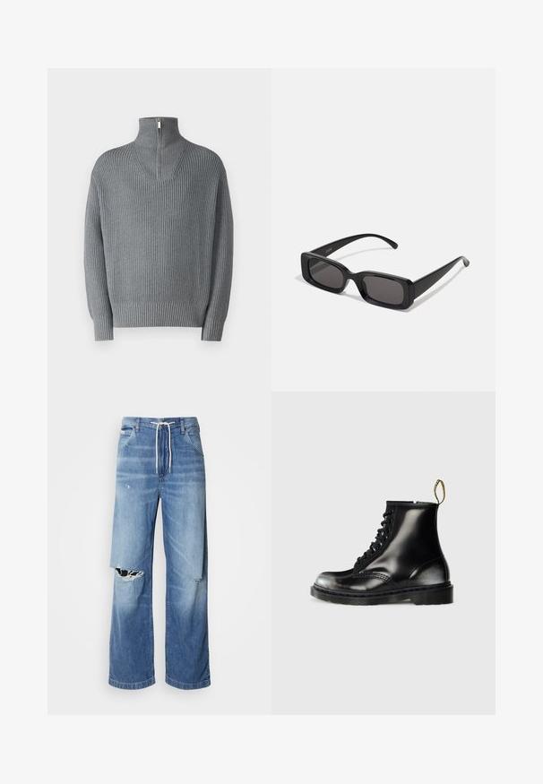 Pilkas juostuotas megztinis su aukštu užtrauktuku ir ilgomis rankovėmis. Turintis tekstūruotą mezgimo raštą, laisvo kirpimo ir elastinius rankogalius.; Šviesiai mėlynos džinsinės kelnės su laisvu kirpimu, turinčios baltą raištelį liemens, ir išskirtinius įpjovimus priekyje, rodančius nusidėvėjusias briaunas.; Juodi odiniai kulkšniniai batai su blizgiu paviršiumi, aštuoniais skylutėmis, juodomis raišteliais ir pakabinti kilpą. Turi tekstūruotą padą su raštais.; Juodos stačiakampės saulės akiniai su tamsiais lęšiais, blizgiu paviršiumi, plačiomis kojelėmis ir masyviu rėmeliu. Ant vienos kojelės yra išgraviruotas prekės ženklas.