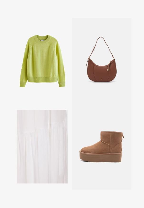 Limettengrüner Pullover mit runder Ausschnittlinie, Raglanärmeln, gerippten Bündchen und Saum sowie einem weichen, strukturierten Stoff.; Weißes Kleid aus Stoff mit strukturiertem Oberflächenmuster, weichen Falten und unkonventionellen Designelementen, die eine fließende Silhouette erzeugen.; Beige Wildleder-Ankle-Boot mit Plateausohle, abgerundetem Zehenbereich und abgesteppten Akzenten; verfügt über eine Zuglasche hinten für einfaches An- und Ausziehen.; Braune Kunstleder-Schultertasche mit geschwungener Form, minimaler Naht und goldfarbener Hardware-Akzent. Verfügt über einen oberen Reißverschluss und einen verstellbaren Trageriemen.