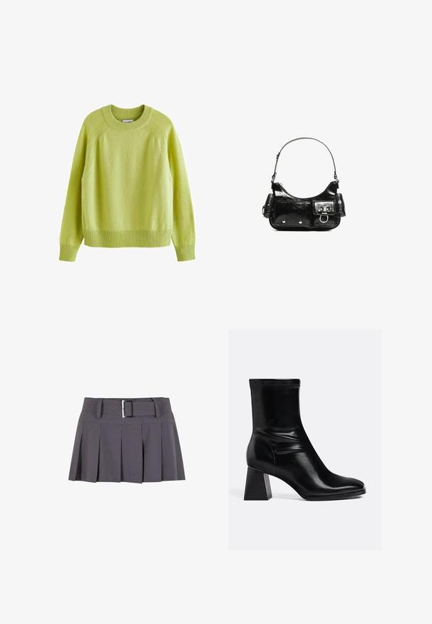 Maglione verde lime con colletto rotondo, maniche raglan, polsini e orlo a costine, e tessuto morbido e strutturato.; Mini gonna plissettata grigia con una texture morbida, dotata di una vita larga, passanti per la cintura e un dettaglio con fibbia rettangolare in argento.; Stivali ankle in pelle nera con finitura liscia, punta quadrata e tacco a blocco texturizzato. Presenta un design elastico alla caviglia e cuciture visibili.; Borsa a spalla in vernice nera con forma curvata, una tracolla, tasche frontali e dettagli in metallo argentato.