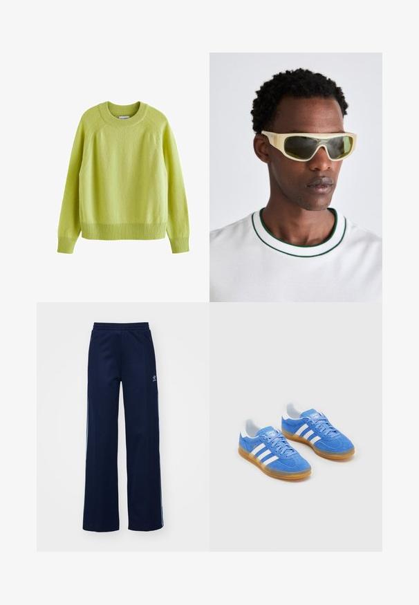Jasnozielony sweter z okrągłym dekoltem, rękawami raglanowymi, ribbowanymi mankietami i dołem oraz miękkim teksturowanym materiałem.; Granatowe spodnie dresowe z bawełny z szerokimi nogawkami, elastycznym pasem i kieszeniami na zamek, z białymi paskami po bokach i detalem logo.; Niebieskie zamszowe buty sportowe z białymi paskami, gumową podeszwą i wyściełanym kołnierzem dla większego komfortu. Posiadają klasyczny sznurowany design.; Okulary przeciwsłoneczne z przezroczystą żółtą oprawką i zielonymi szkłami. Kanciasty design z szerokimi zausznikami, noszone z białą koszulą z zielonymi akcentami.