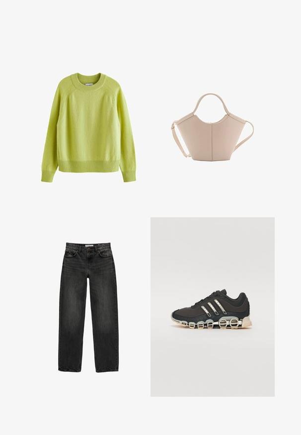 Pulover verde lime cu guler rotund, mâneci raglan, manșete și tiv dantelate, dintr-un material texturat și moale.; Blugi negri din denim cu o croială lejeră, picior drept, design cu cinci buzunare și o textură ușor decolorată. Închidere cu nasture și fermoar în față.; Pantof cu aspect sport de culoare neagră, cu un superior texturat, trei dungi argintii și o talpă de amortizare distinctivă, ce prezintă multiple secțiuni integrate.; Geantă de mână bej din piele cu o formă unică, dotată cu două mânere scurte și o curea lungă ajustabilă. Textură netedă, cu hardware minim.