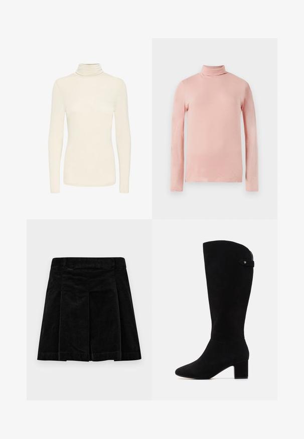 Maglione a collo alto di colore crema con maniche lunghe, dalla vestibilità slim e texture di tessuto liscia, presentato su uno sfondo bianco semplice.; Maglia a maniche lunghe color rosa chiaro con collo alto, dal design aderente e dalla texture liscia. Nessun motivo o decorazione visibile.; Gonna in velluto a coste nera con un design plissettato, caratterizzata da una linea dritta, superficie testurizzata e una vita per una vestibilità sicura.; Stivali alti neri in suede con punta a punta e tacco a blocco. Presentano una texture liscia e un design semplice, con un accento di fascia laterale.