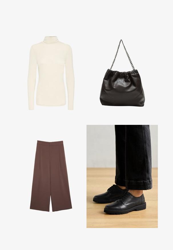 Kermakoskem beige pitkähihaiset poolopaita, jossa on kapea istuvuus ja sileä kangas, esillä yksinkertaisella valkoisella taustalla.; Ruskeat leveälahkeiset housut, joissa on sileä pinta, korkea vyötärö ja etupleat. Kangas on kevyttä ja laskeutuu väljänä.; Musta nahkakengät, joissa on nauhakiinnitys, sileä pinta, pyöreä kärki ja paksu kumipohja, yhdistettynä lyhennettyihin tummiin farkkuihin.; Ruskea nahkainen laukku, jossa on kerätty yläosa ja ketjuhihna. Tasainen pinta, jossa kiiltävä viimeistely ja hienovaraiset sauman yksityiskohdat sivuilla.