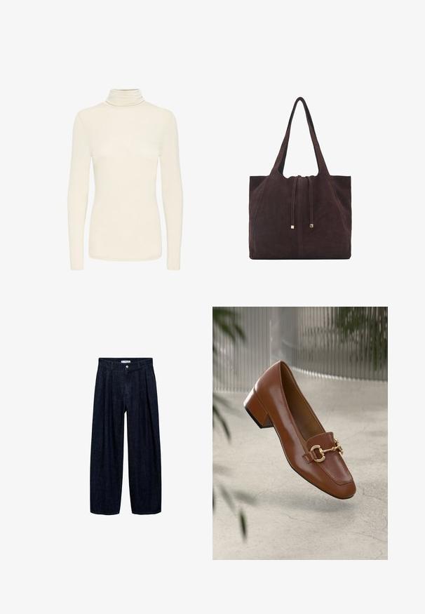 Haut en jersey à col roulé crème à manches longues, ajusté et avec une texture de tissu lisse, présenté sur un fond blanc uni.; Pantalons larges en denim foncé avec des plis à la taille, présentant un bouton à l'avant et des passants de ceinture. Texture lisse et design à longueur complète.; Mocassin en cuir verni marron avec un bout carré, accent de chaîne métallique et petit talon carré ; texture lisse, design minimaliste.; Mango Cabas - dark brown