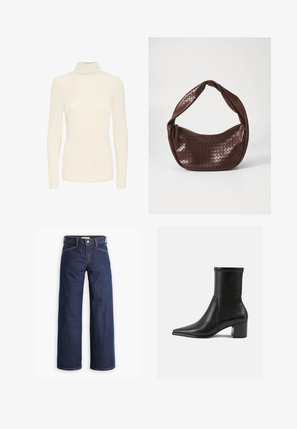 Crème-kleurige langekleurige turtleneck top met slim fit en een gladde stoffen textuur, weergegeven op een effen witte achtergrond.; Donkerblauwe spijkerbroek met een hoge taille, wijdvallende pijpen en subtiele oranje stiksels. Bevat een sluiting met een knoop en ritssluiting aan de voorkant.; Zwarte enkelboot van soepel leer, met een spitse neus, een blokhak en duidelijke verhoogde stiksels aan de bovenrand.; Bruine geweven leren handtas met een gebogen, geknoopte hengsel en een ritsluiting. Glad oppervlak en ronde vorm.
