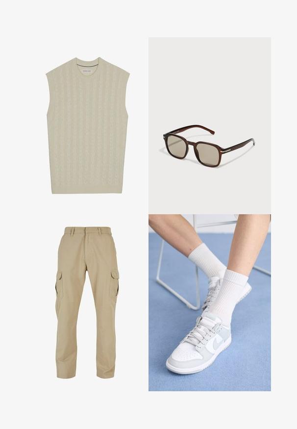 Beige ærmeløs striktrøje med kabelmønster. Har en ribbet rund halsudskæring og kant. Blød tekstur og let design.; Beige cargo bukser lavet af bomulds twill, med flere sidelommer, lige ben design og lynlås med bæltestropper.; Hvide sneakers med lyseblå accenter, læderoverdel, perforeret tå, tykke snørebånd og ribbede hvide sokker mod en blå baggrund.; Brune rektangulære solbriller med tonede linser, plastisk stel og metalaccenter på siderne. Har et strømlinet design og glat overflade.